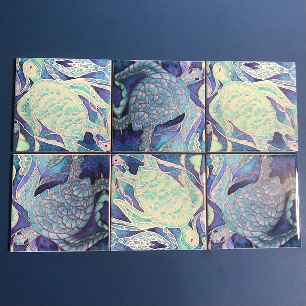 Blue Aqua Turtle Mix Small 4.25” Square Tiles -  Ceramic Bathroom Kitchen Hand Printed Tiles