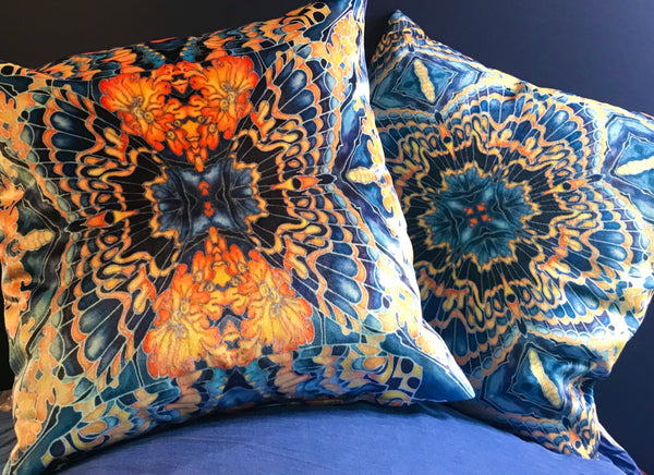 Contemporary Grey Blue Orange Velvet Cushions - Dramatic Moth Design Luxury Velvet Cushions