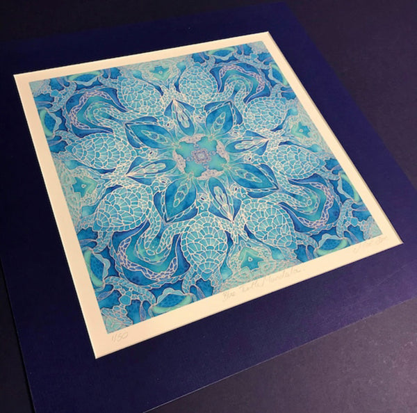 Blue Turtle Mandala Signed Print - Sea life Art - Blue Turtles Bathroom Art