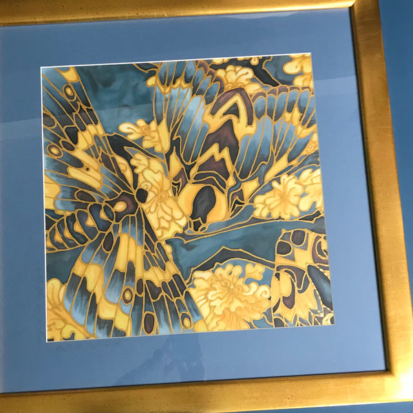 Moth on Lichen Painting - contemporary hand painted silk Butterflies - Blue Yellow Butterfly Original Art