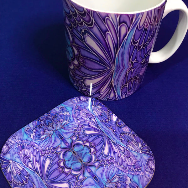 Purple Blue Lilac Butterfly Mug and Coaster - Butterfly Mug Box Set - colours