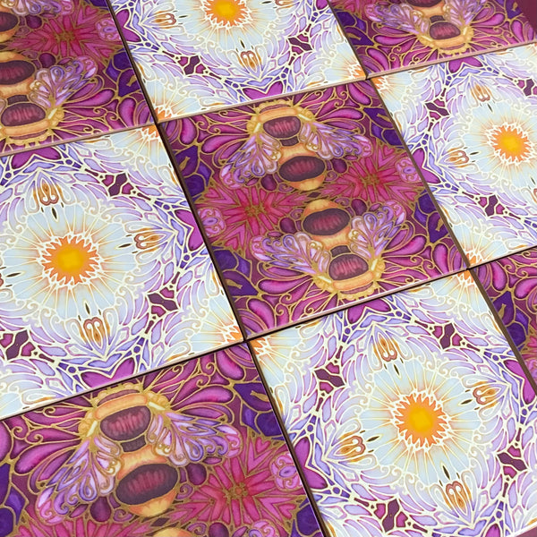 Bees and Daisy Flowers Mixed Tiles Set - Plum Purple Gold Tiles - Beautiful Tile - Bohemian Tiles