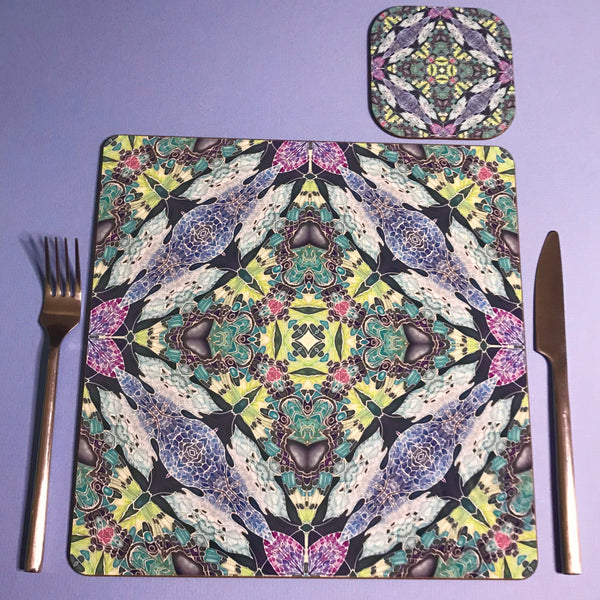 Kaleidoscope Butterfly Square Table Mats & Coasters - Lilac Charcoal Pink and Green Table Mats