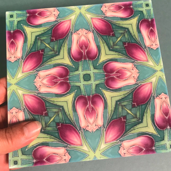 Nouveau Rich Pink Tulips Tiles. Arts and Crafts look Bathroom Tiles or Kitchen Tiles