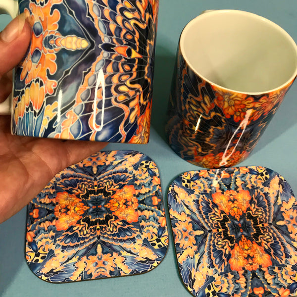 Gorgeous Orange Grey Blue Mug and Coaster box set only - Contemporary Mug Set - Grey Blue Orange Mug Gift