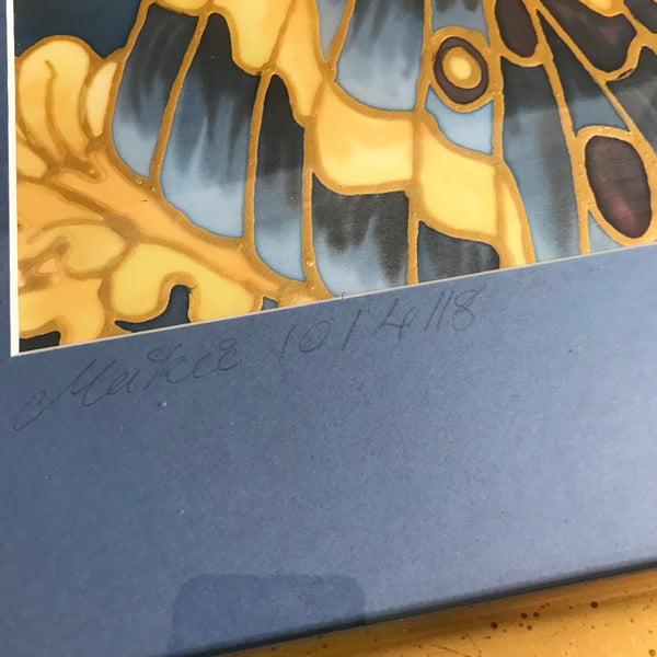 Moth on Lichen Painting - contemporary hand painted silk Butterflies - Blue Yellow Butterfly Original Art