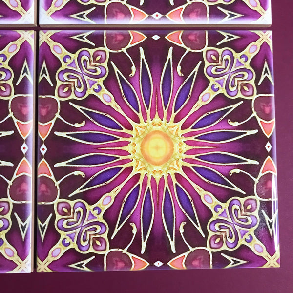 Flower Tiles in Rich Plum - Beautiful Ceramic Bohemian Tiles - Kitchen Bathroom Tiles