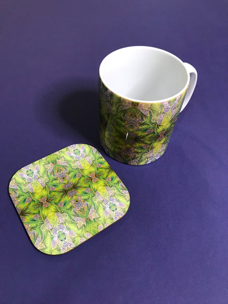 Moss Green Pine Cone Mug and Coasters - Green Mug Set - Kaleidoscope Pine Cones Mug Gift