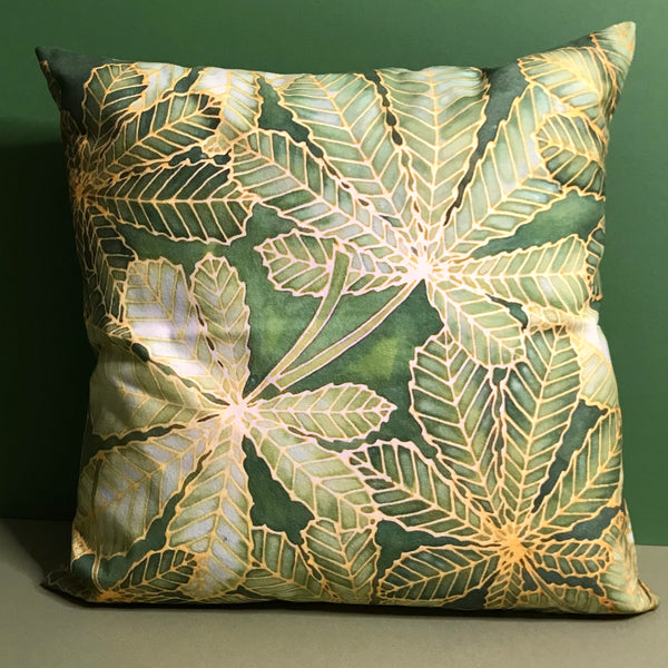 Horse Chestnut Leaves cushion - printed onto suedette fabric - green khaki - sage green colours - Chestnut Leaves Pillow