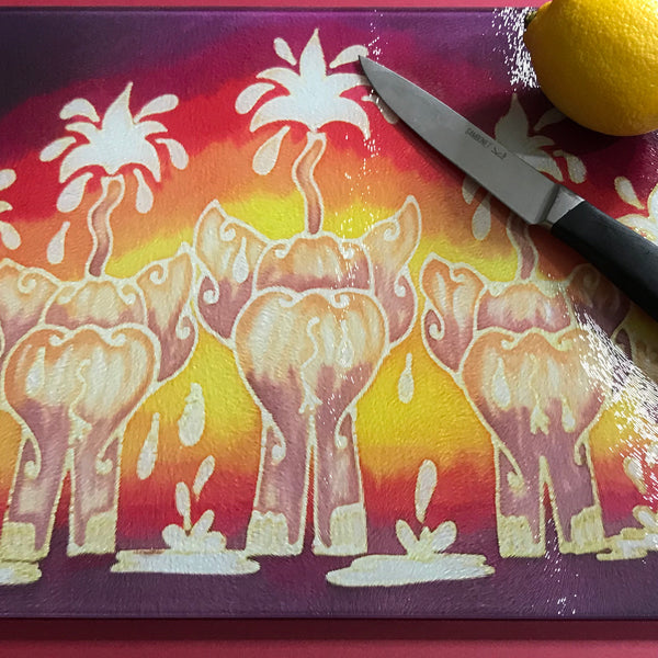 Sunset Red Glass Chopping Board - Elephant Family Trivet - Gold Pot Stand - Heat Proof Table Top Saver - Decorative Platter