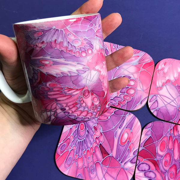 Beautiful Pink Butterfly Mug - Mug and Coaster Box Set - Gift for Her