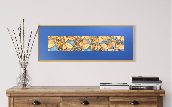 Beech Leaves Original Silk Painting -   Blue Caramel Gold Hand-Painted Silk Art -