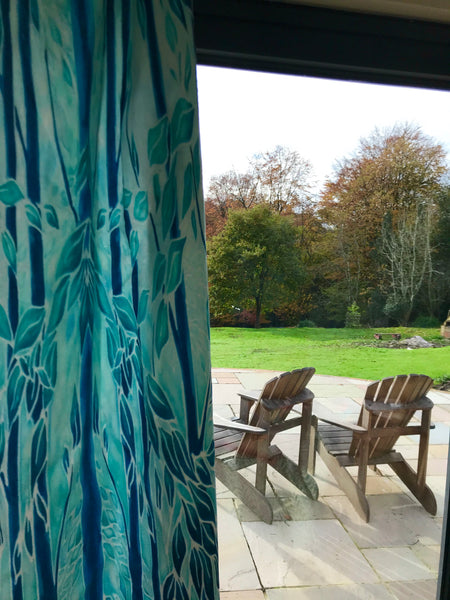 Turquoise Blue Trees Designer Luxury Velvet Curtain Fabric by the Drop Length Needed