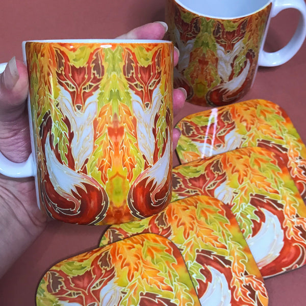 Fox in Oak Leaves Mug & Coaster - Fox Mug Box Set - Green Terracotta Yellow Fox Mug - Fox Lovers Mug Gift