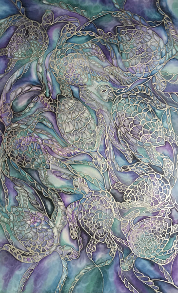 Blue Grey Turtles Original Silk Painting - blue turquoises  green Original Art