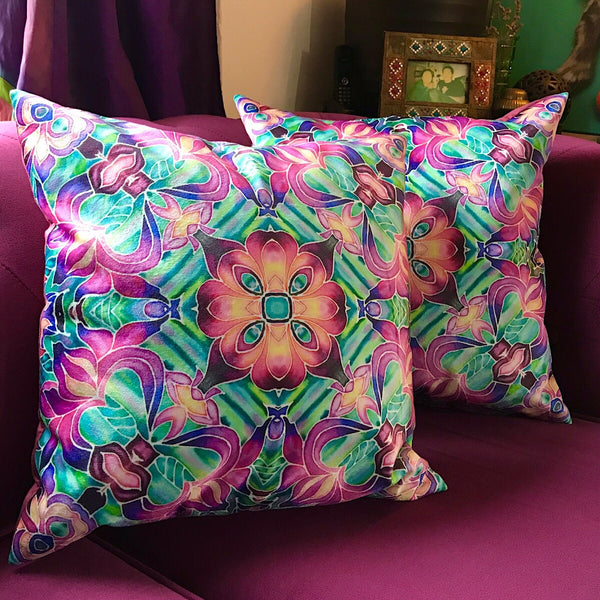 Pink Iris Velvet Cushions - Purple Irises Throw Pillow - Luxury Flower Accent Decor