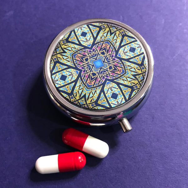 Contemporary Rose Window Pill Box - Bold Stained Glass Style Blue Round Box - Stud Earing Jewellery Box