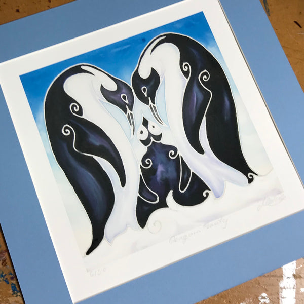 Loving Penguin Family Signed Print - Penguins with Baby - Blue Penguin Bathroom Art