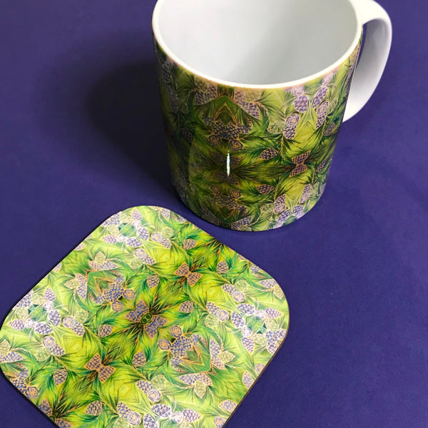 Moss Green Pine Cone Mug and Coasters - Green Mug Set - Kaleidoscope Pine Cones Mug Gift