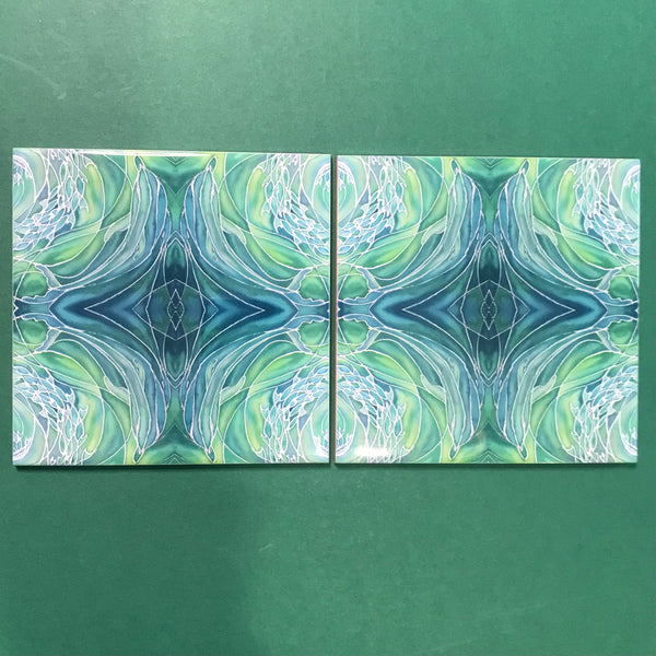 Sea Green Dolphins Ceramic Tiles -  Green Bathroom Kitchen Hand Printed Tiles