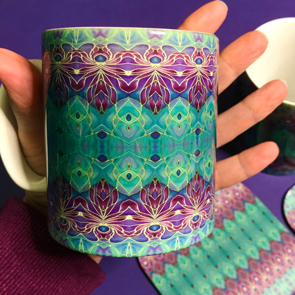 Persian Orchid Mug and Coaster Box Set or Mug only - Turquoise Purple Mug Set - Persian Orchid Mug Gift