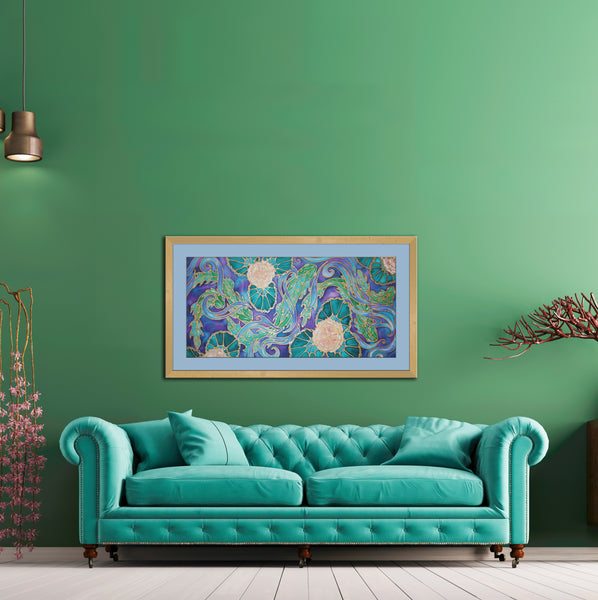 Pond Original Silk Painting with Fish and Lily Pads - blue turquoises  green Original Art