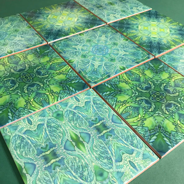 Green Turtle Kaleidoscope Mixed Tiles Set - Teal Mint Lime Tiles - Beautiful Tile - Bohemian Tiles