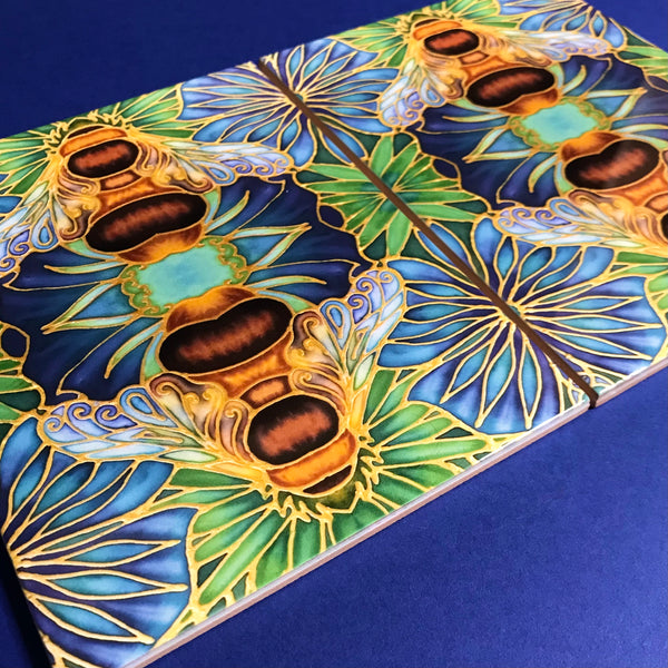 Gorgeous Blue Green Caramel Bumble Bees - Beautiful Ceramic Bohemian Tiles - Kitchen Bathroom Tiles