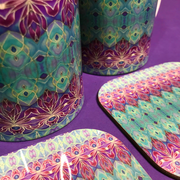 Persian Orchid Mug and Coaster Box Set or Mug only - Turquoise Purple Mug Set - Persian Orchid Mug Gift