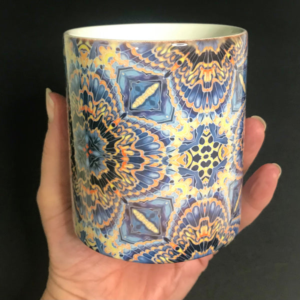 Gorgeous Orange Grey Blue Kaleidoscope Mug and Coaster box set only - Contemporary Mug Set - Grey Blue Orange Mug Gift