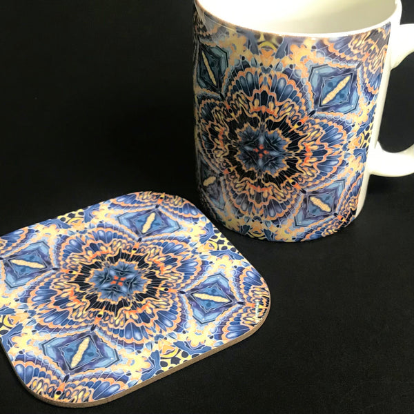 Gorgeous Orange Grey Blue Kaleidoscope Mug and Coaster box set only - Contemporary Mug Set - Grey Blue Orange Mug Gift