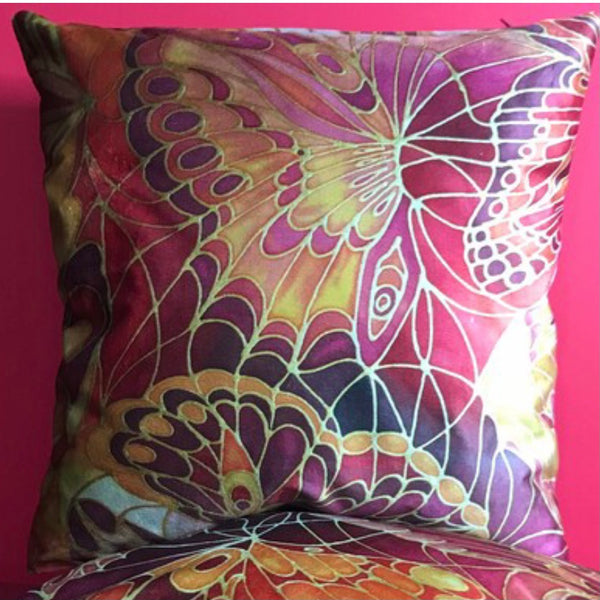 Red Orange Butterfly Velvet Cushion - Luxury Velvet Throw Pillow - Bold pattern butterfly pillow