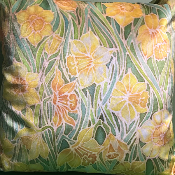 Arts and Crafts Style Daffodils Luxury Velvet Cushions, Cheering Springtime Decor Throw Pillows