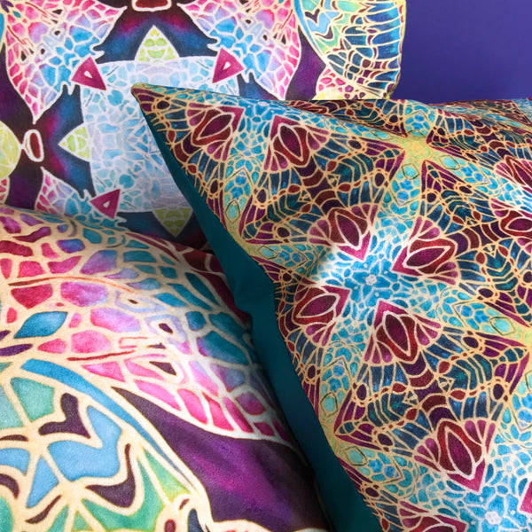 Teal Green & Red Diamond Repeat Pattern Kaleidoscope Cushions in Luxury Velvet