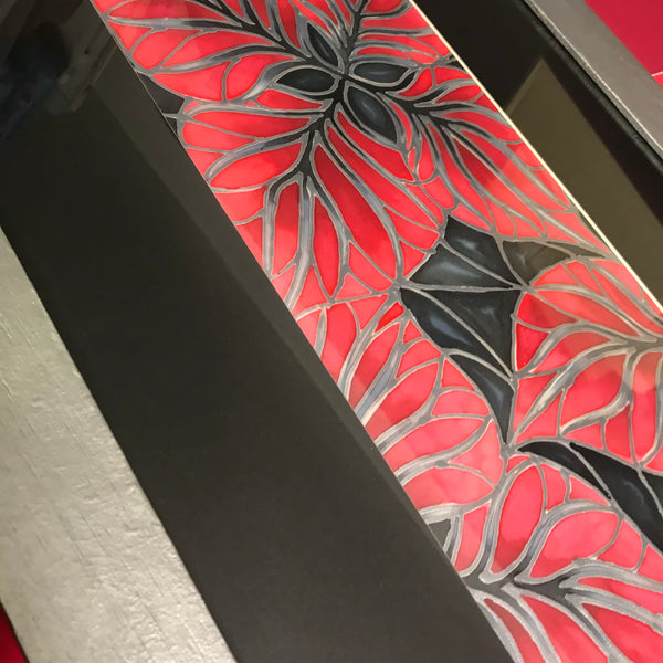 Red Black Silver Tropical Leaves Original Silk Painting - Hand-Painted Silk Art - Dramatic red black silver Art