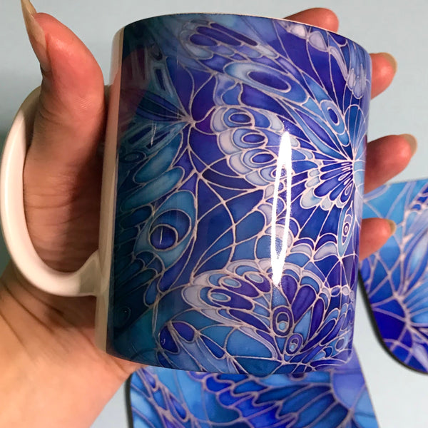 Blue Butterfly Mug and Coaster - Butterfly Mug Box Set - colours