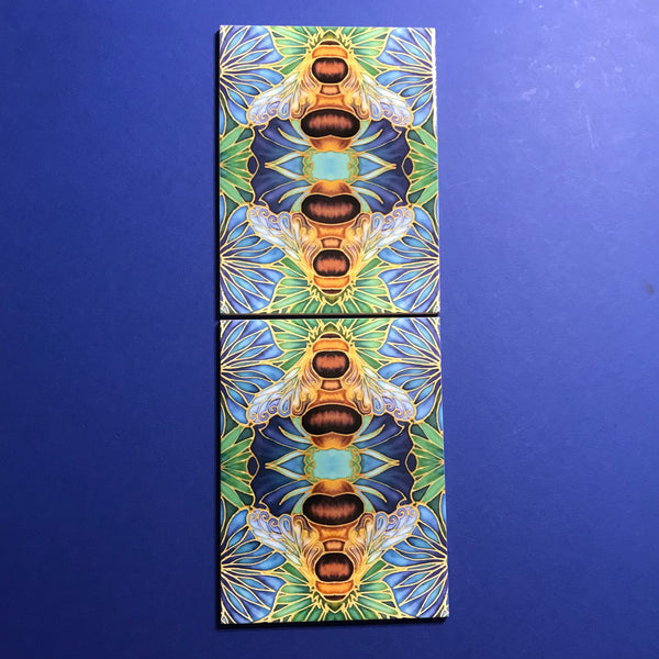 Gorgeous Blue Green Caramel Bumble Bees - Beautiful Ceramic Bohemian Tiles - Kitchen Bathroom Tiles