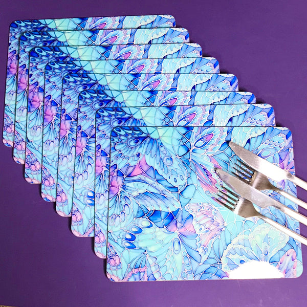 Table Mats Blue Butterflies - blue green turquoise placemats -  butterfly coasters tableware - glass chopping boards / counter savers, serving trays, mugs and mouse mats