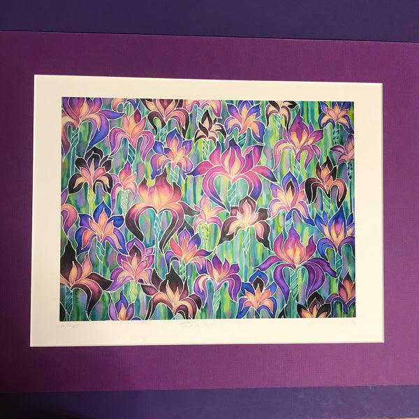Purple Irises Print - Flower art print - Purple pink and green Print - Bathroom Art