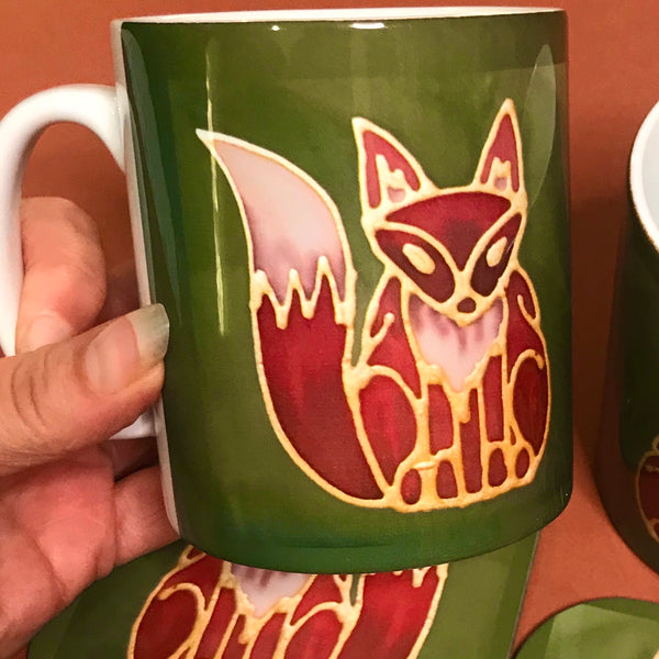 Cute Fox Mug & Coaster - Fox Mug Box Set - Green Red Fox Mug - Fox Lovers Mug Gift