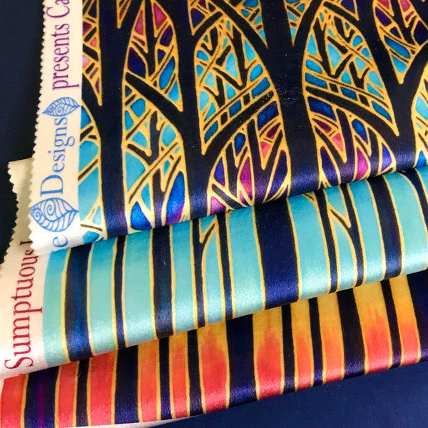 Turquoise Blue Red Purple Yellow and Gold Designer Velvet Curtain Fabric, Cathedral Trees, Order by Drop Length Needed