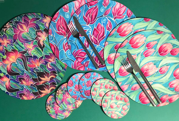 Mixed Set of 6 Flowers Table Mats and Coasters - Irises Placemats & Coasters -  Pink Green Purple Table Mats