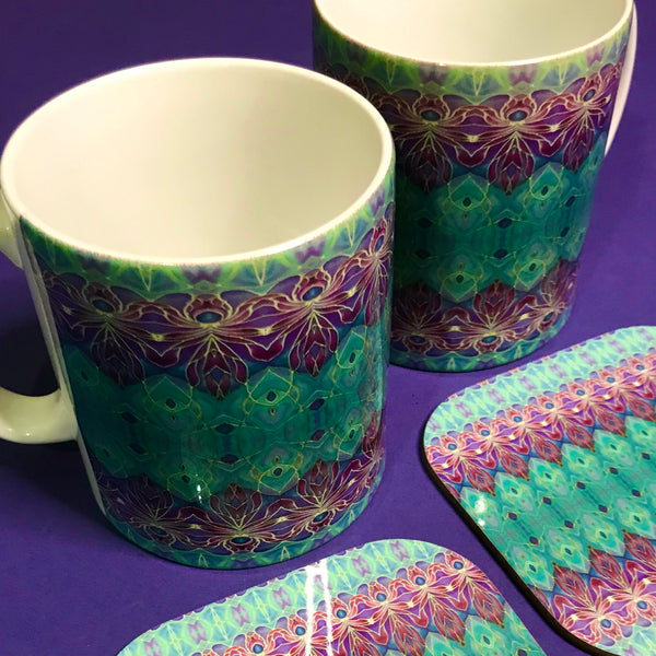 Persian Orchid Mug and Coaster Box Set or Mug only - Turquoise Purple Mug Set - Persian Orchid Mug Gift