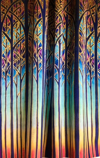 Turquoise Blue Red Purple Yellow and Gold Designer Velvet Curtain Fabric, Cathedral Trees, Order by Drop Length Needed