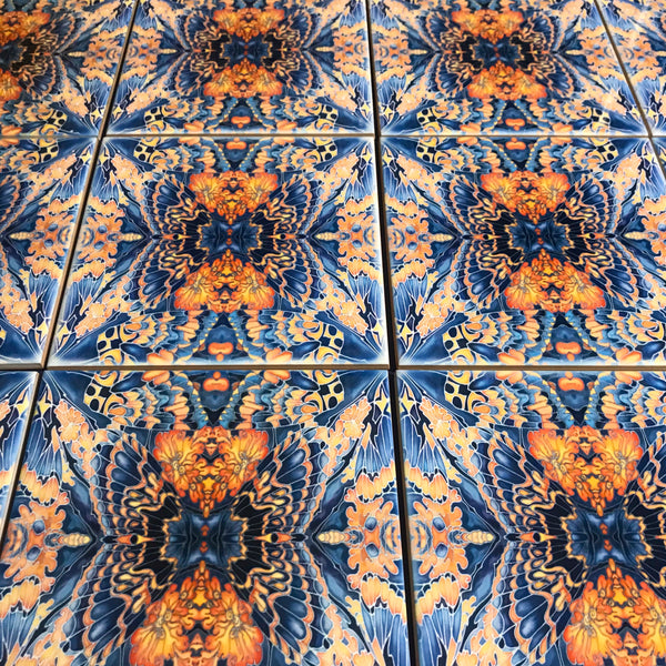 Contemporary Butterfly Tiles - Bold Orange Blue & Grey Ceramic Tiles - Beautiful Bohemian Printed Tiles