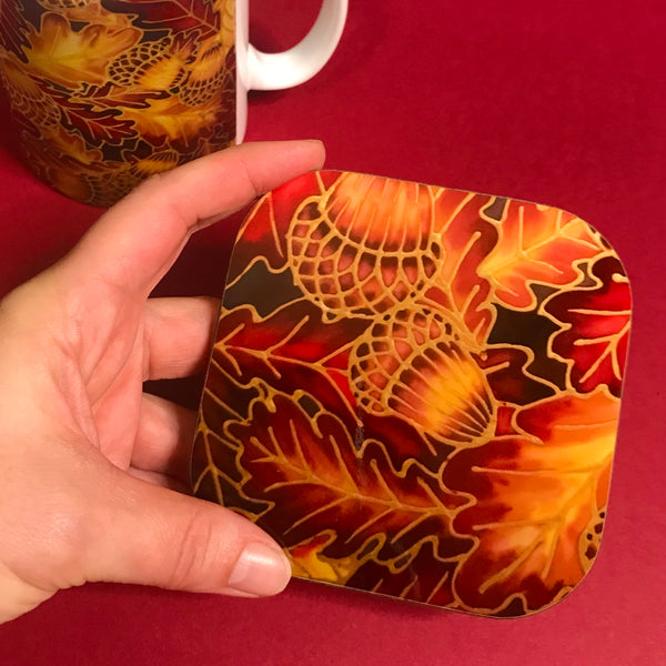 Autumnal Oak Leaves and Acorns Mug - Mug and Coaster Box Set - Red Mug Set - Leaves Mug Gift