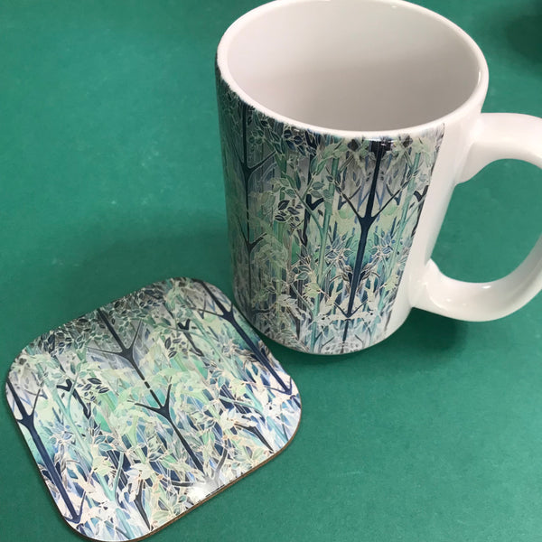 Tranquil Extra Large Mug Green Teal Blue Forest Meditation Extra Large Mug and Coaster - Woodland Mug Set - Mug Gift