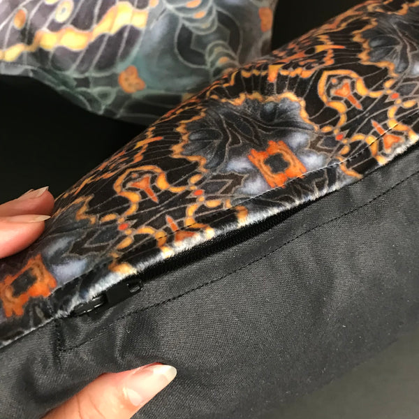 Set of Four Contemporary Grey Black Burnt Orange Velvet Cushions - Dramatic Moth Patterned Kaleidoscope Design Luxury Velvet Cushions