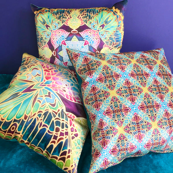 Teal Green & Red Diamond Repeat Pattern Kaleidoscope Cushions in Luxury Velvet