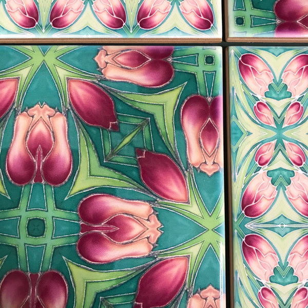 Pink Tulip Mixed Set of Bathroom Tiles - Arts and Crafts Look Bright Bohemian Kitchen Tiles